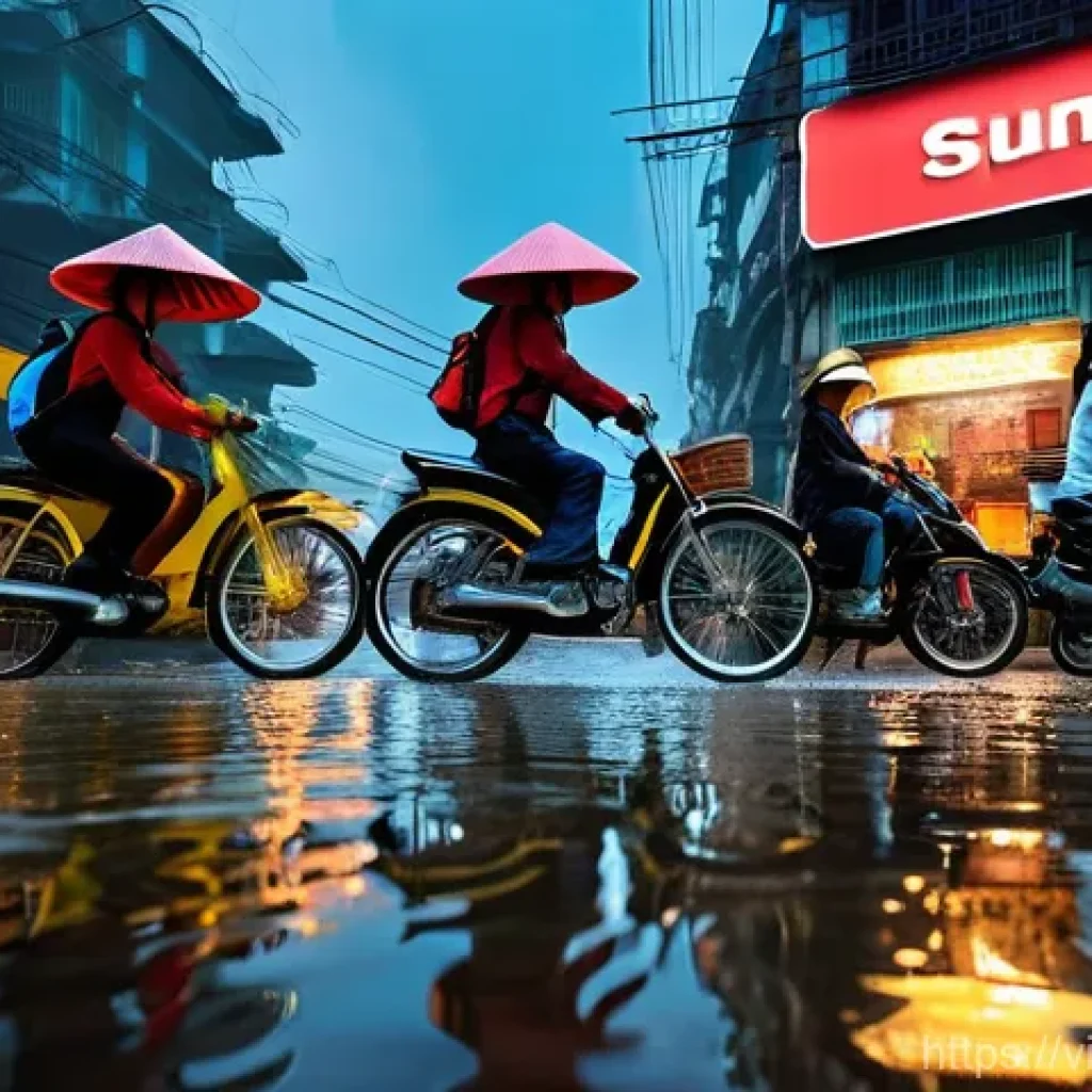 기후변화 관측을 위한 시민의 목소리 - **"Erratic Weather in a Vietnamese City"**: A dynamic scene capturing a sudden, heavy downpour on a ...