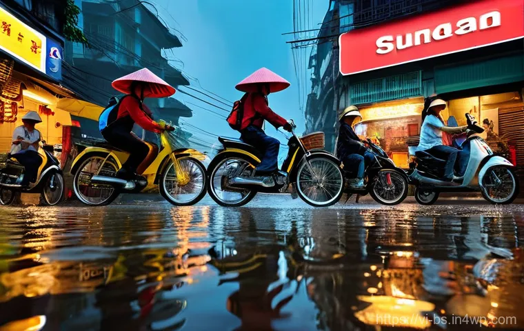 기후변화 관측을 위한 시민의 목소리 - **"Erratic Weather in a Vietnamese City"**: A dynamic scene capturing a sudden, heavy downpour on a ...