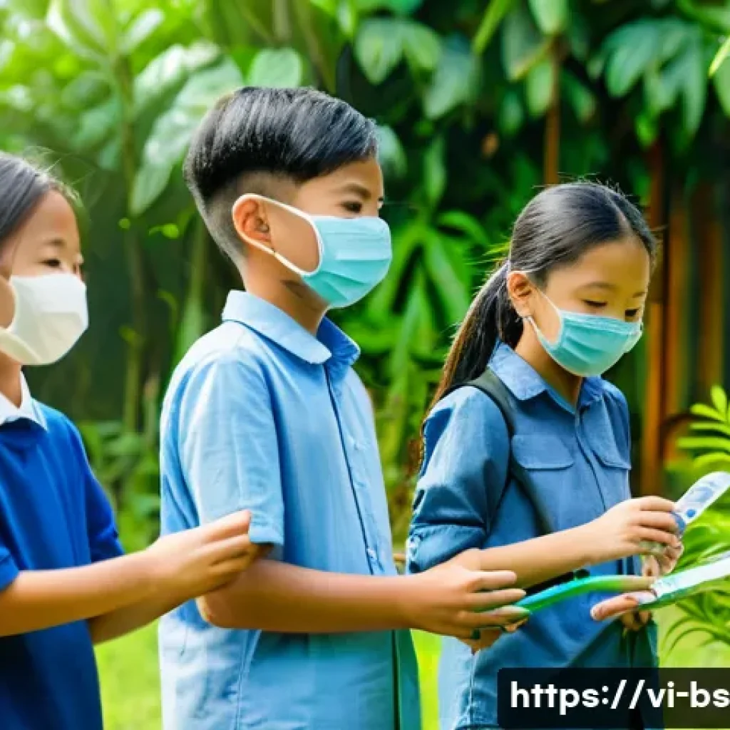 기후변화 관측 참여의 교육적 활용 - A diverse group of Vietnamese schoolchildren wearing casual clothes and face masks, actively partici...