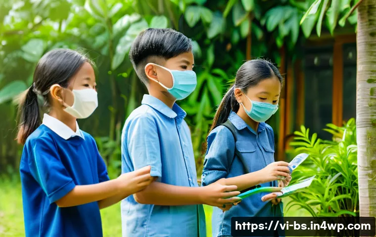 기후변화 관측 참여의 교육적 활용 - A diverse group of Vietnamese schoolchildren wearing casual clothes and face masks, actively partici...