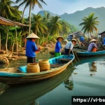 Home 20 기후변화 관측을 위한 지역 사회의 역할 - A vibrant Vietnamese coastal fishing village scene at sunrise, with diverse community members of all...