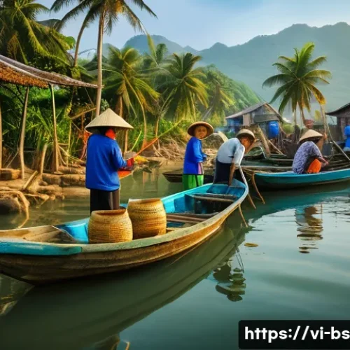 Home 32 기후변화 관측을 위한 지역 사회의 역할 - A vibrant Vietnamese coastal fishing village scene at sunrise, with diverse community members of all...