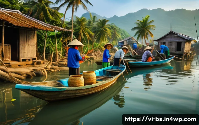 기후변화 관측을 위한 지역 사회의 역할 - A vibrant Vietnamese coastal fishing village scene at sunrise, with diverse community members of all...