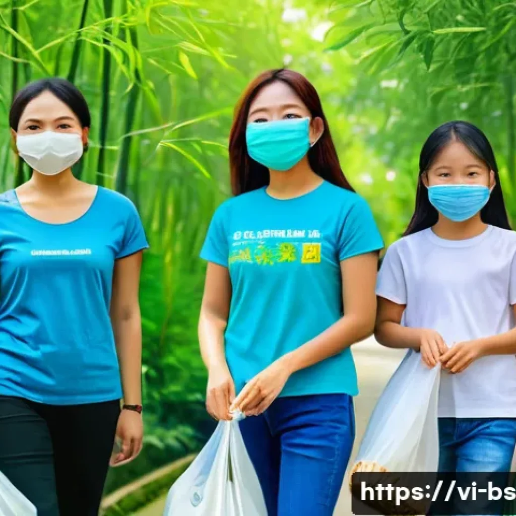 시민들이 기후변화 문제 해결에 기여하는 방법 - A vibrant Vietnamese community park scene during a local environmental cleanup event: diverse adults...