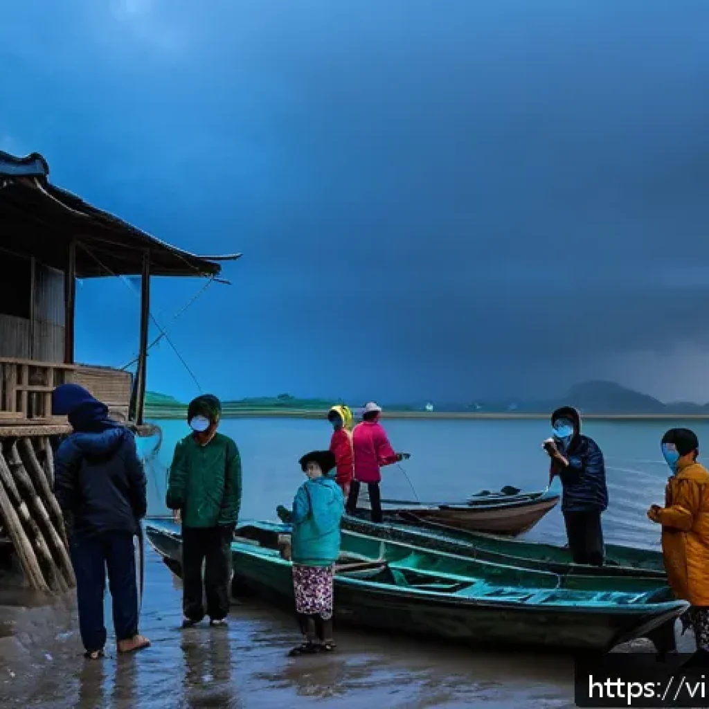 기후변화와 시민 과학의 연계성 - A vibrant coastal Vietnamese village scene at dawn with local residents actively measuring sea water...