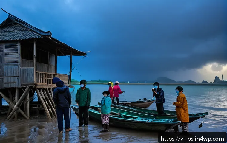기후변화와 시민 과학의 연계성 - A vibrant coastal Vietnamese village scene at dawn with local residents actively measuring sea water...