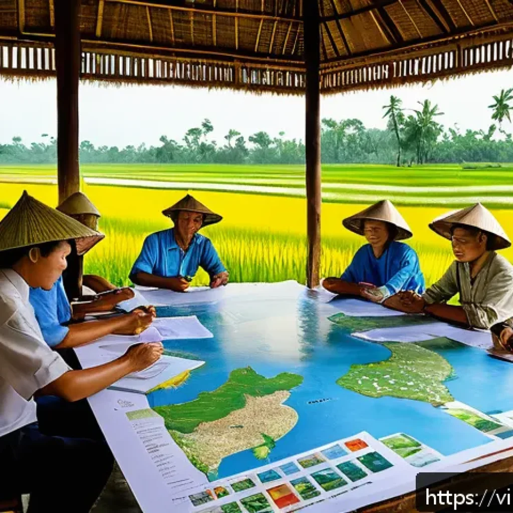 기후변화 관측 참여를 위한 갈등 관리 - A detailed scene showing a diverse group of Vietnamese climate scientists, local government official...