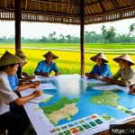 Home 23 기후변화 관측 참여를 위한 갈등 관리 - A detailed scene showing a diverse group of Vietnamese climate scientists, local government official...