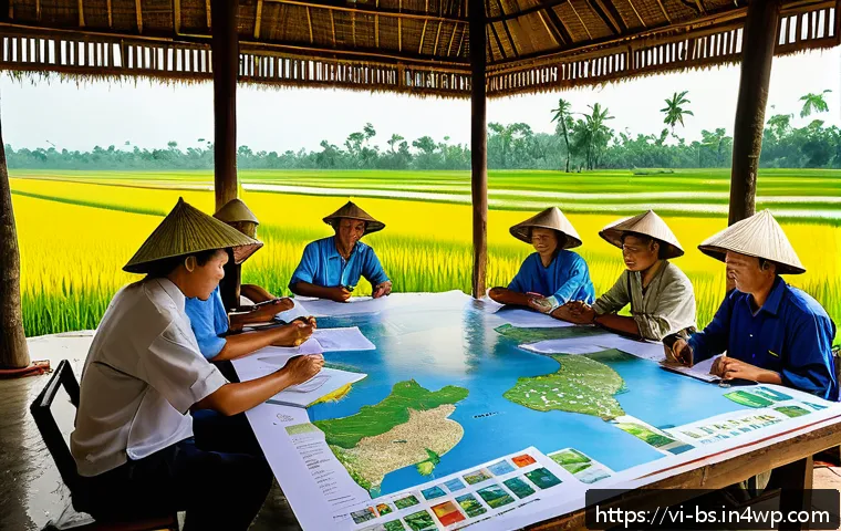 기후변화 관측 참여를 위한 갈등 관리 - A detailed scene showing a diverse group of Vietnamese climate scientists, local government official...