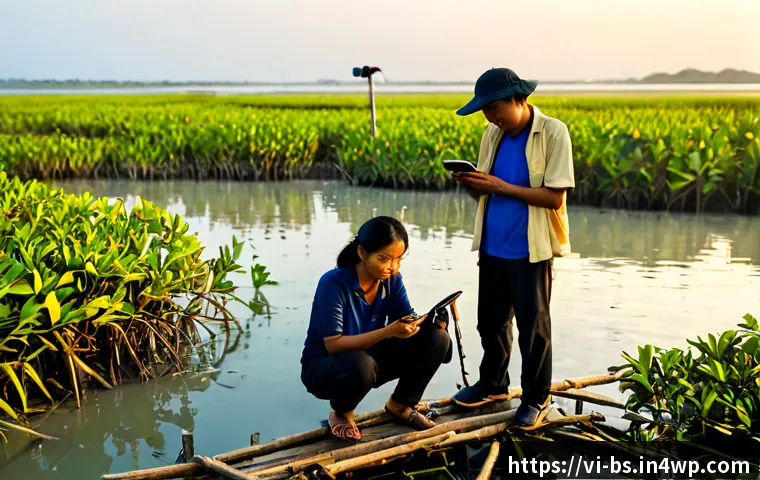 Home 17 기후변화 시민 관측의 상호작용 연구 - Photorealistic documentary-style scene in a Vietnamese coastal wetland at sunrise, a diverse group o...